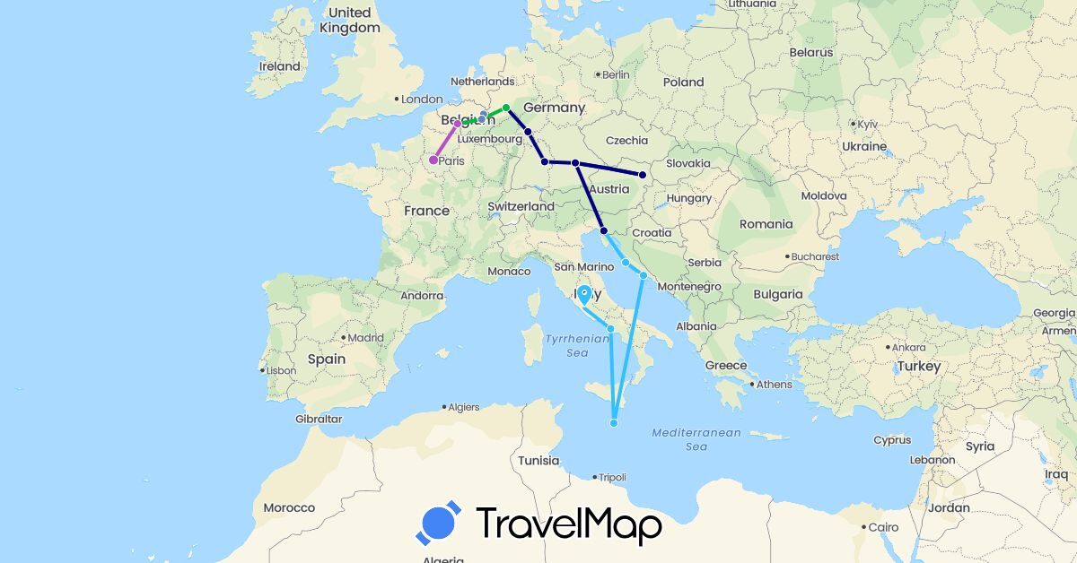 TravelMap itinerary: driving, bus, cycling, train, boat in Austria, Belgium, Germany, France, Croatia, Italy, Malta, Netherlands (Europe)